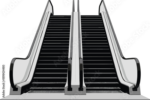 Modern escalator staircase with handrails in shopping mall or subway station, front view perspective, realistic vector illustration design