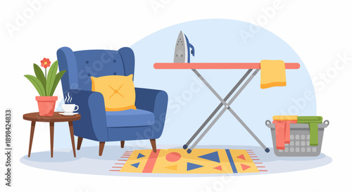 Blue Armchair with Yellow Pillow and Ironing Board.