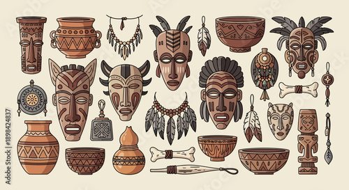 Ancient Tribal Masks and Artifacts Collection.