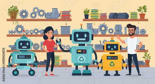 Cartoon Robots and People in Workshop.