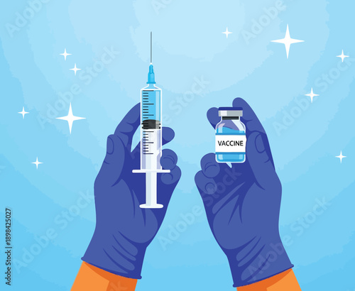 Illustration of hands in blue gloves holding a syringe and a vaccine vial labeled "Vaccine" against a light blue background with white sparkles.