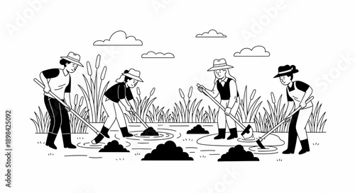 Farmers Working in the Rice Field.