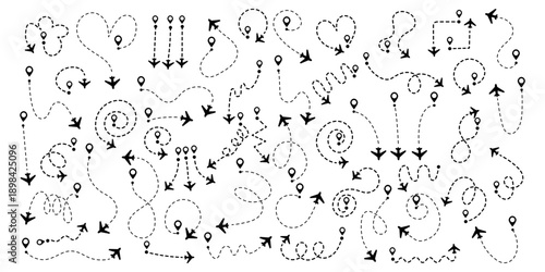 Airplane flight path with dotted line route showing travel journey from start to destination, perfect for aviation and tourism design projects