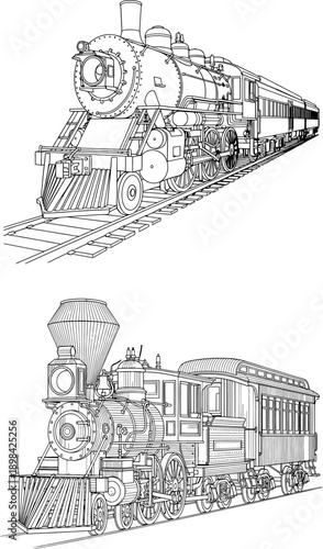 Vintage Steam Train and Locomotive Coloring Page Set