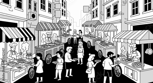 Street Vendors and Customers in Market Scene.