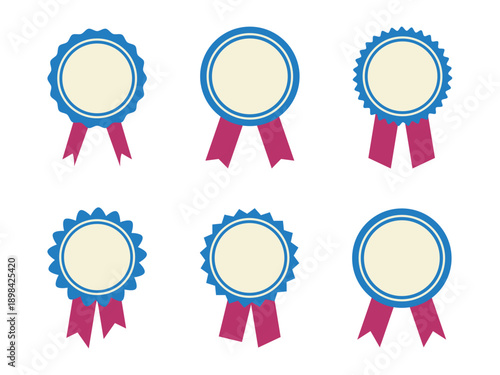 Award ribbon badges set. Blue rosette seals with ribbons. Flat circular achievement icons. Certification and quality label elements