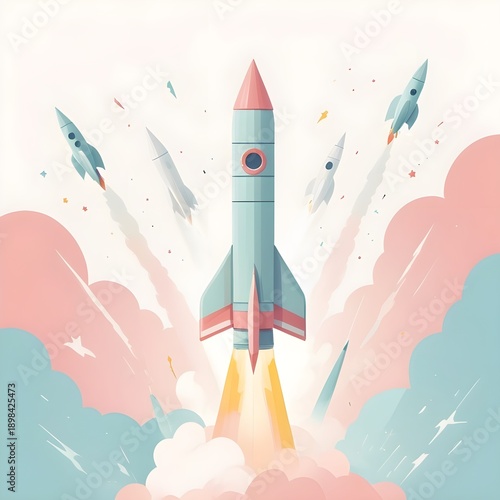 Teamwork Pushing Rocket Business Success Illustration