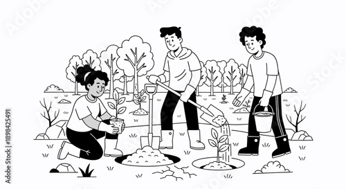 Three People Planting Trees in Garden.