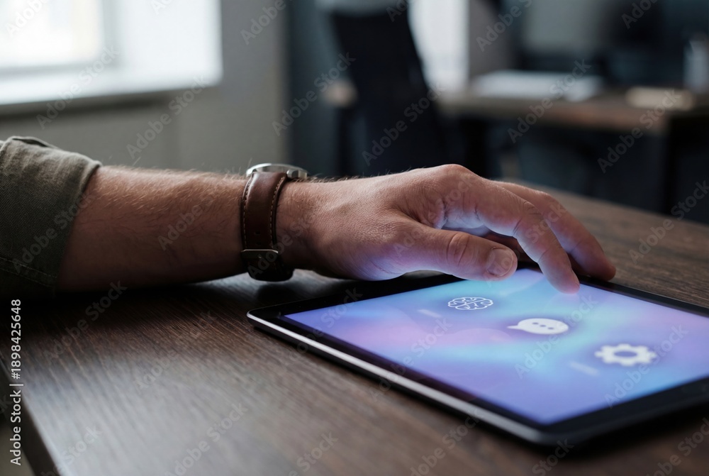Fototapeta premium Close-up of a hand and tablet resting on a desk with a soft AI copilot interface glow. Represents modern enterprise AI tools and human-centered technology design. 