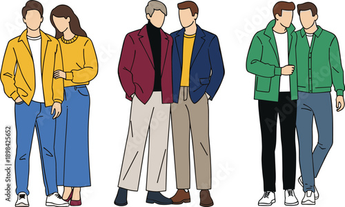 Stylish couples and friends wearing casual outfits vector illustration set with modern street fashion looks, youth lifestyle and relationship concept for social media, branding and fashion 