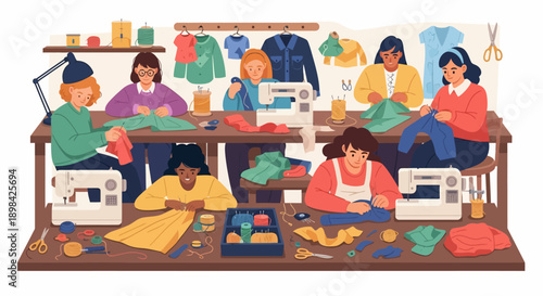 Women Working Together in Sewing Workshop.