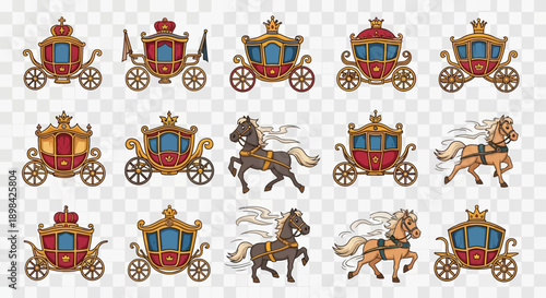 Vintage Horse Drawn Carriages and Horses Illustration.