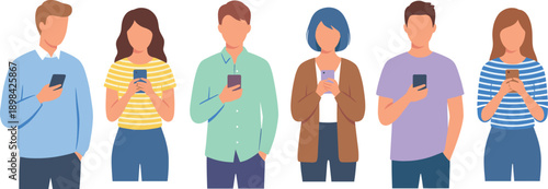 Group of young people using smartphones vector illustration with modern casual outfits, social media communication and mobile technology lifestyle concept for digital marketing and online connection 