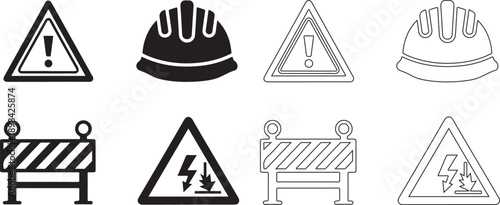 Construction site hazard icon set. Warning and safety symbols for building zones, industrial work areas and workplace risk signage. Vector illustration.