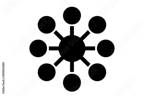 abstract illustration featuring a central hub with radiating spokes and connecting circles, symbolizing interconnectedness 