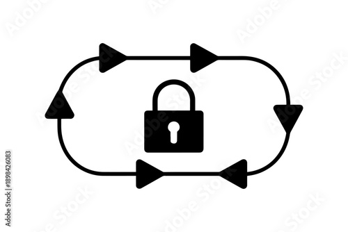 Secure cycle of data protection, illustrated by a closed lock encircled by arrows, symbolizing encryption and safeguarding of digital information. 