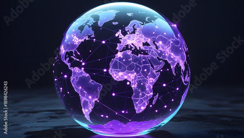 Glowing Digital Planet Earth with Global Network Connections and Light Effects