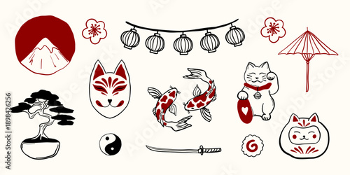Hand drawn Japanese culture doodle set with traditional symbols. Vector illustration.