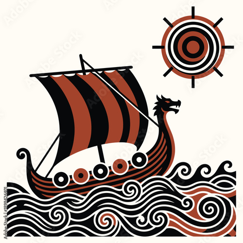 Stylized Viking Longship Illustration Nordic Drakkar Sailing Art