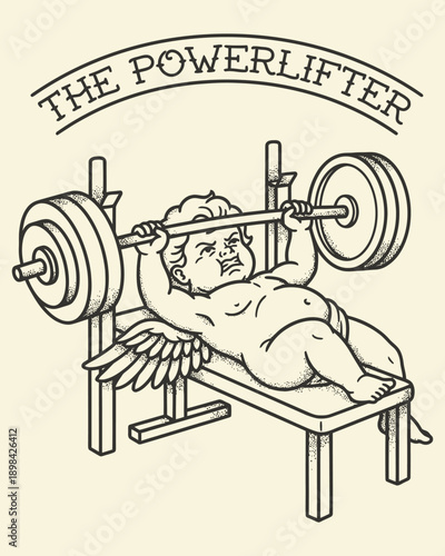 The Powerlifting Cherub American Traditional Gym Tattoo Flash