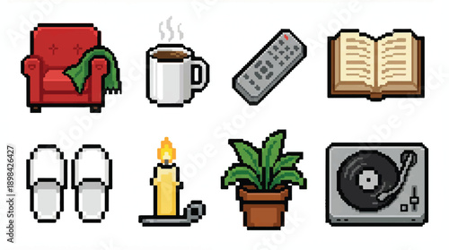 Pixel art icons of home and relaxation items in a set