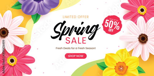 Vertical spring sale banner featuring realistic 3D flowers like daffodils and pink blossoms on a vibrant wavy background with promotion text.