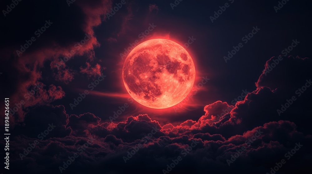 Obraz premium Bright Red Moon Surrounded by Dark Clouds in a Mystical Night Sky