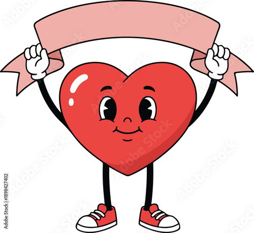 Cheerful retro heart character holding a blank banner ready for your special message