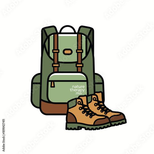 Hiking Backpack and Boots Cartoon Illustration.