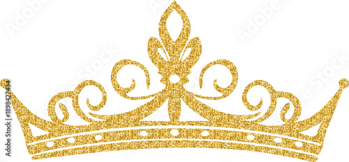 A richly detailed gold glitter crown with elegant swirling filigree is showcased against