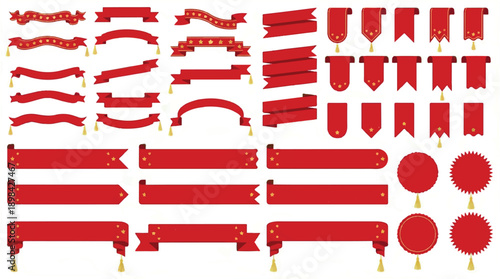 red ribbons and banners with gold stars and tassels for decoration and design