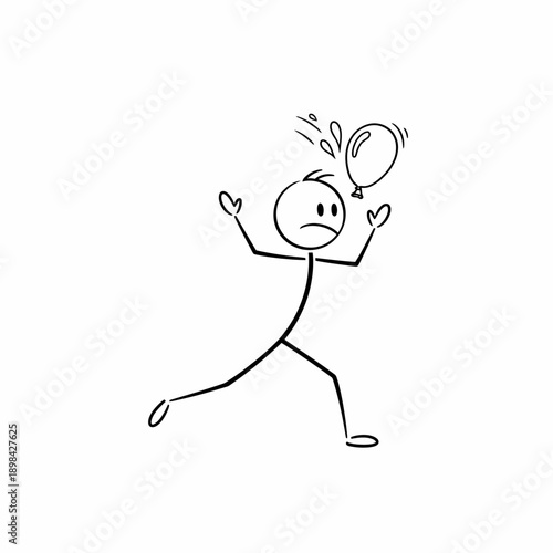 Stick figure cartoon character looking surprised or shocked as a balloon pops above its head, causing a splash.