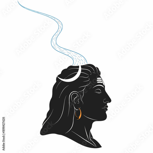 A minimalist silhouette illustration of Lord Shiva's head with the crescent moon, third eye, and Ganga flowing from his hair.