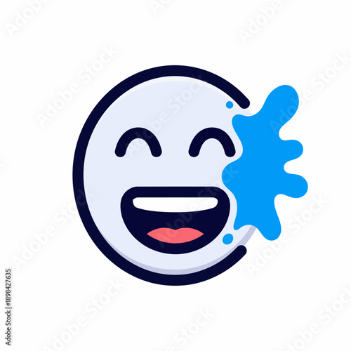 A cartoon illustration of a white laughing emoji with closed eyes and a wide open mouth, featuring a vibrant blue splash of liquid on its right side.