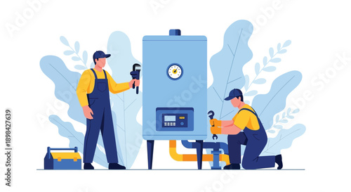 Two technicians in overalls and caps are working on a large blue boiler with gauges. One stands holding tools, while the other kneels, adjusting pipes.