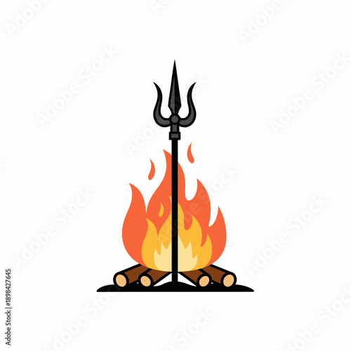 Stylized illustration of a bonfire with burning logs and a black trident (trishula) standing in the flames, on a white background.