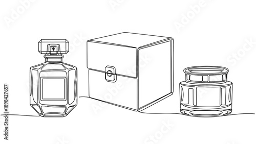 Black Continuous Line Art Luxury Perfume Bottle, Premium Rigid Box, and Cosmetic Jar Packaging Mockups
