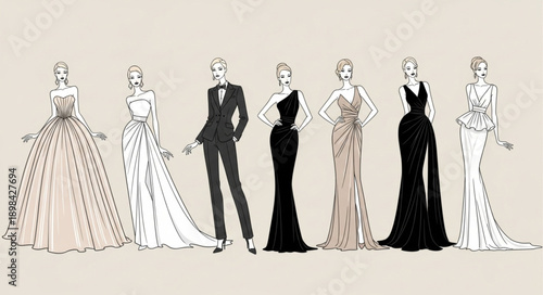 Elegant Fashion Illustrations of Women in Designer Gowns and Suits.