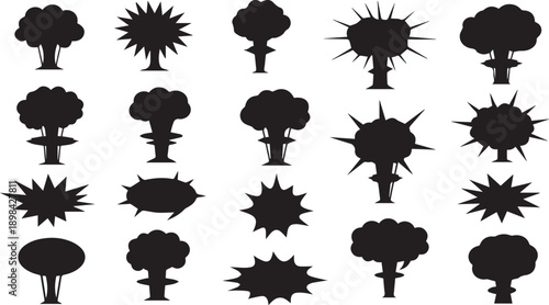 Set of Nuclear Explosion Icons and Mushroom Cloud Silhouettes Featuring Diverse Atomic Blast Comic Explosions and Smoke Cloud Symbols
