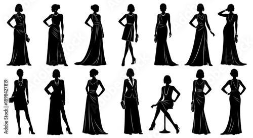 Elegant Female Silhouettes in Evening Gowns and Dresses.