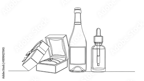 Black Continuous Line Art Luxury Wine Bottle, Jewelry Box, and Skincare Dropper Packaging Mockups