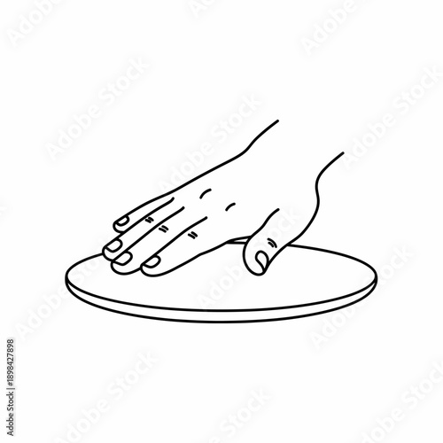 Line drawing of a human hand pressing down on a flat, circular disc or surface.
