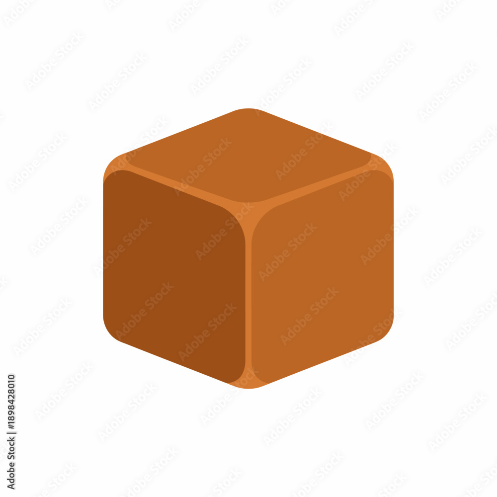 Fototapeta premium A single brown cube with rounded edges, resembling a piece of caramel candy or toffee, isolated on a white background.