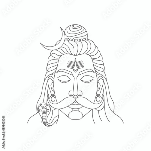 Line art illustration of Lord Shiva in meditation with a crescent moon, third eye, and cobra, depicting Hindu deity.