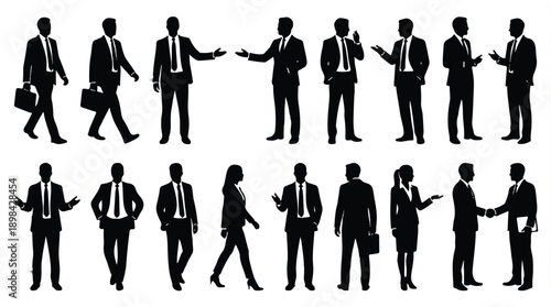 set of business people in different poses and actions in black silhouettes on white background