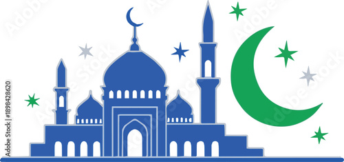 Moonlit Mosque Silhouette with Crescent and Stars Illustration at Night