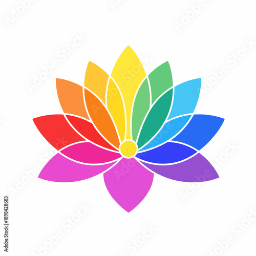 A vibrant, stylized lotus flower with petals colored in a full rainbow spectrum, representing peace, spirituality, and diversity.