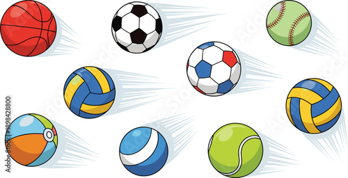 Fast moving sports balls vector illustration set with basketball, soccer, baseball, tennis, volleyball and beach ball, dynamic speed motion design for fitness and game projects