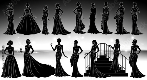 Elegant Evening Gowns Silhouette Collection Fashion Design.