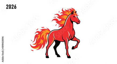 Red Horse Illustration with Flames and Crown.